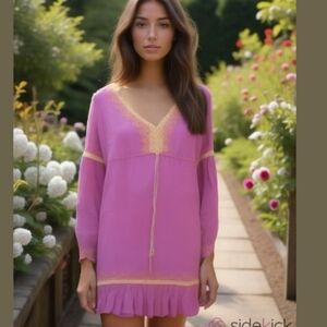 Moda international pink v neck embroidered dress. Womens small. EUC